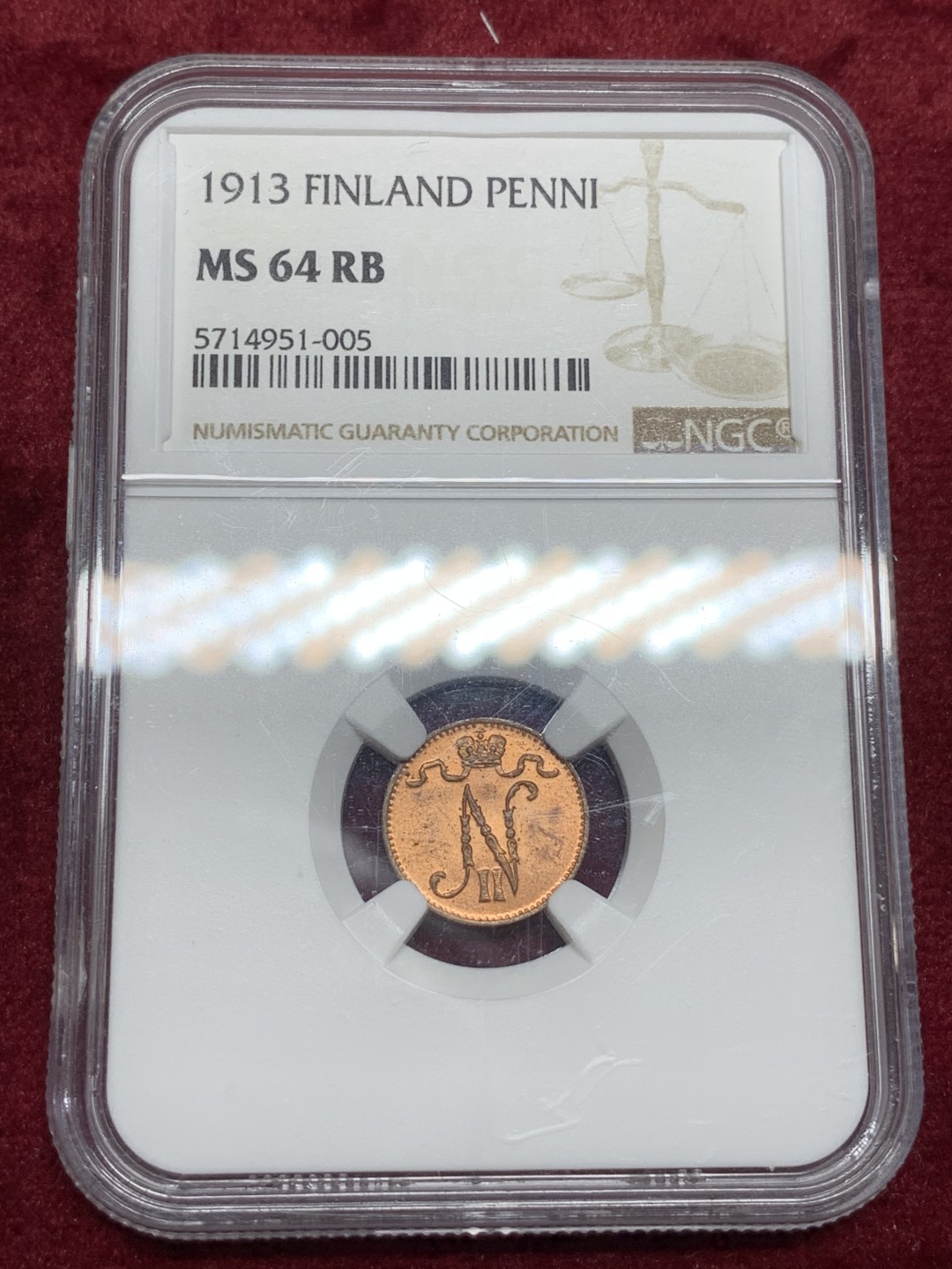 《竞宝斋》第66场-本周日，周一2场连拍（全场不限金额包邮） NGC-MS64RB 俄占芬兰 1913年  1盆尼 铜币 细节好 光线足 保存不容易