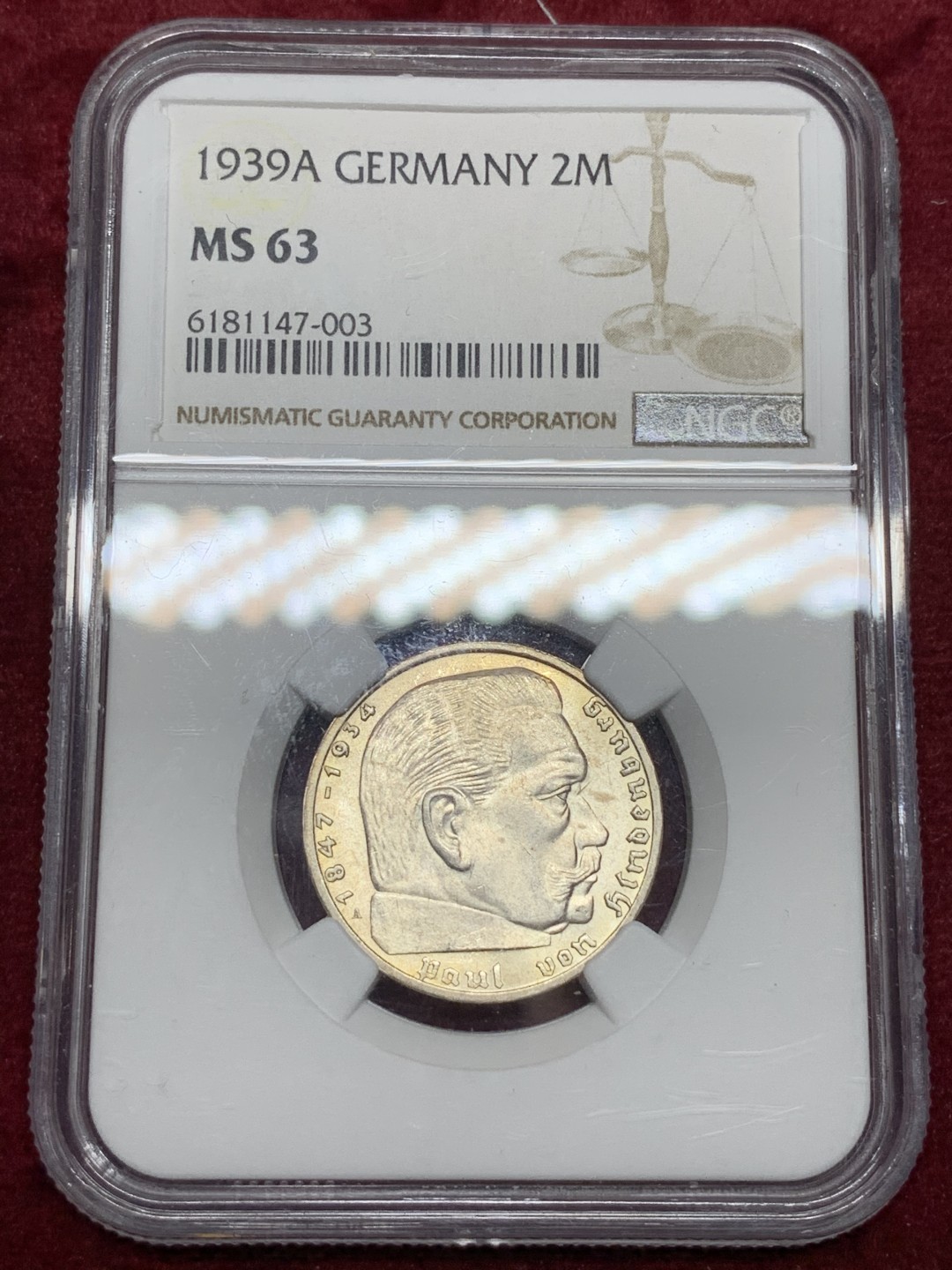 《竞宝斋》第66场-本周日，周一2场连拍（全场不限金额包邮） NGC-MS63 德国1939年兴登堡2马克银币 通体黄油光