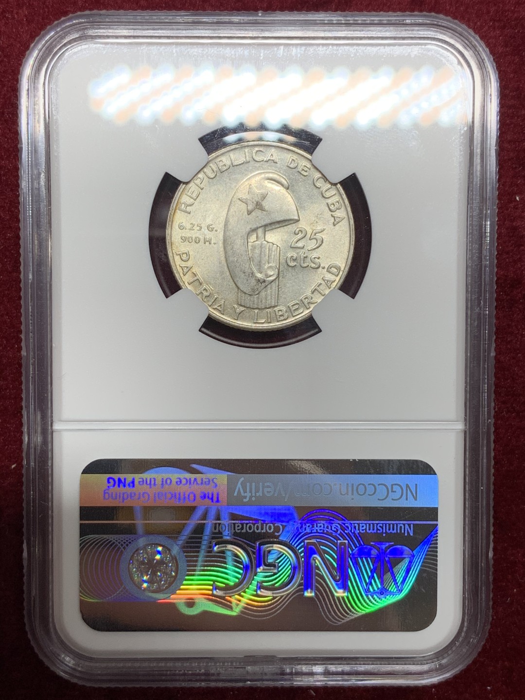 《竞宝斋》第66场-本周日，周一2场连拍（全场不限金额包邮） NGC-MS62 古巴 1953年 马丁 25分 银币 原光好品