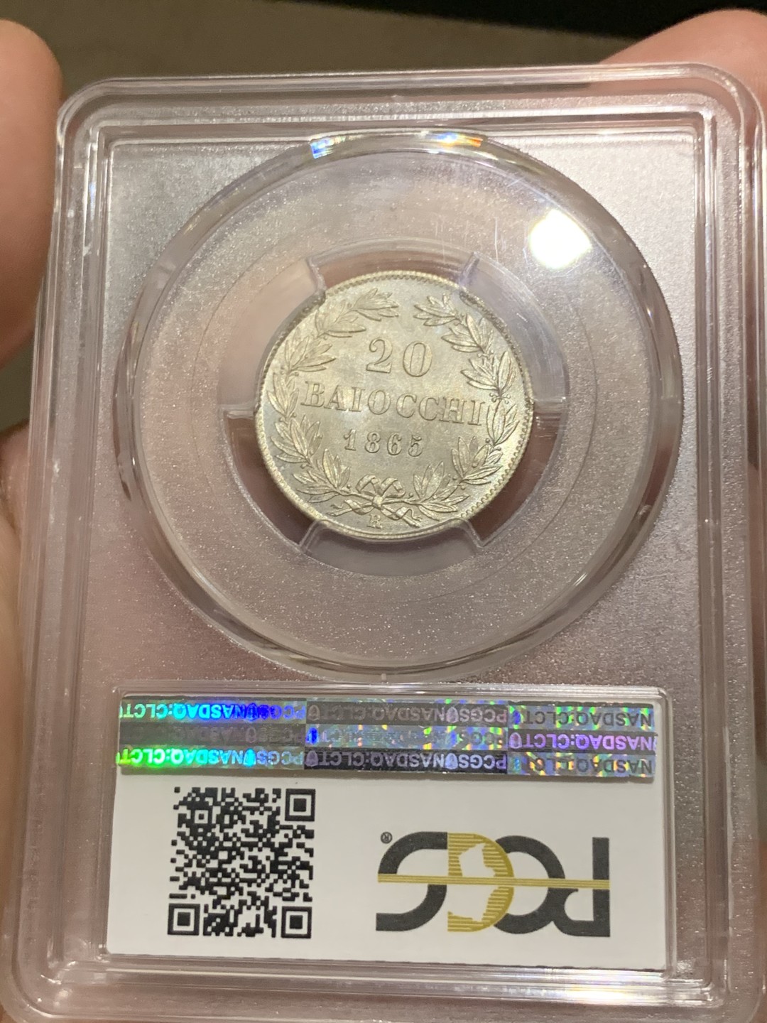 《竞宝斋》第66场-本周日，周一2场连拍（全场不限金额包邮） PCGS MS63 1865年教皇国 20贝尔科银币 k-1360a 两年版 少见版本 pl底板 实物状态极佳