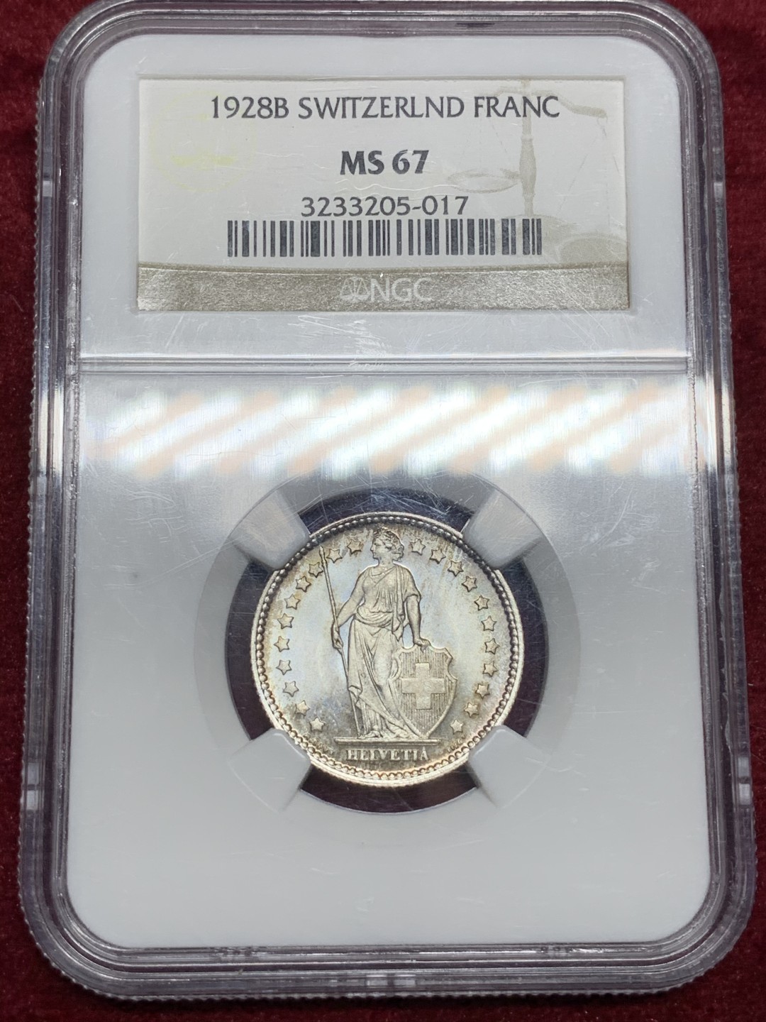 《竞宝斋》第66场-本周日，周一2场连拍（全场不限金额包邮） 冠军分 NGC MS67！1928年瑞士1法郎银币 顶极品相 强车轮霜光 双面PL感  非常优雅的赫尔维蒂亚 美！