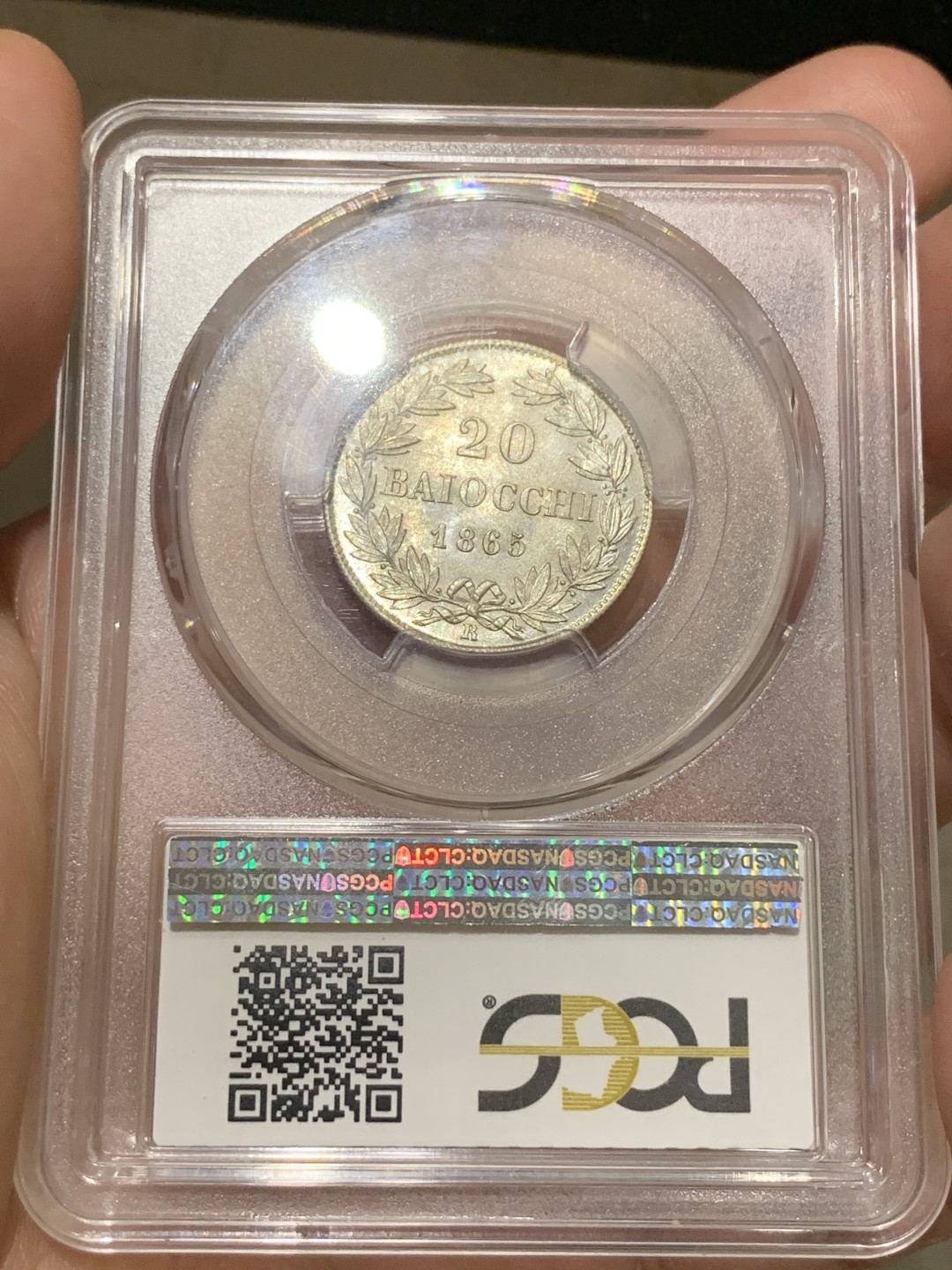 《竞宝斋》第66场-本周日，周一2场连拍（全场不限金额包邮） PCGS MS63 1865年教皇国 20贝尔科银币 k-1360a 两年版 少见版本 pl底板 实物状态极佳