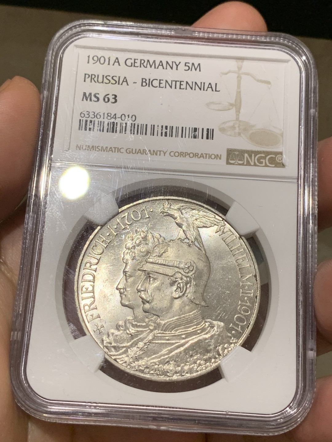 《竞宝斋》第66场-本周日，周一2场连拍（全场不限金额包邮） NGC MS63 德国1901年普鲁士建国200周年纪念5马克 顶级原光好品