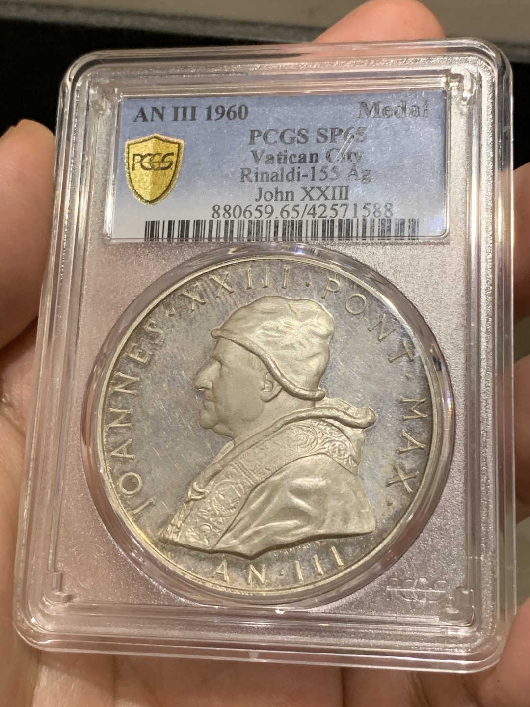 《竞宝斋》第66场-本周日，周一2场连拍（全场不限金额包邮） PCGS SP65 梵蒂冈1960年约翰二十三世教皇大银章 镜面底板 品相状态一流