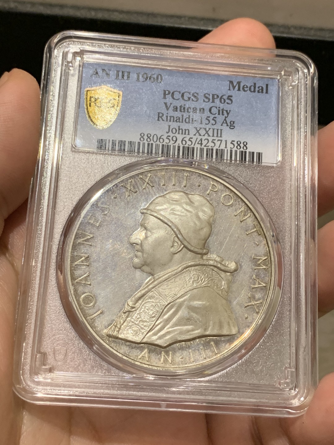 《竞宝斋》第66场-本周日，周一2场连拍（全场不限金额包邮） PCGS SP65 梵蒂冈1960年约翰二十三世教皇大银章 镜面底板 品相状态一流