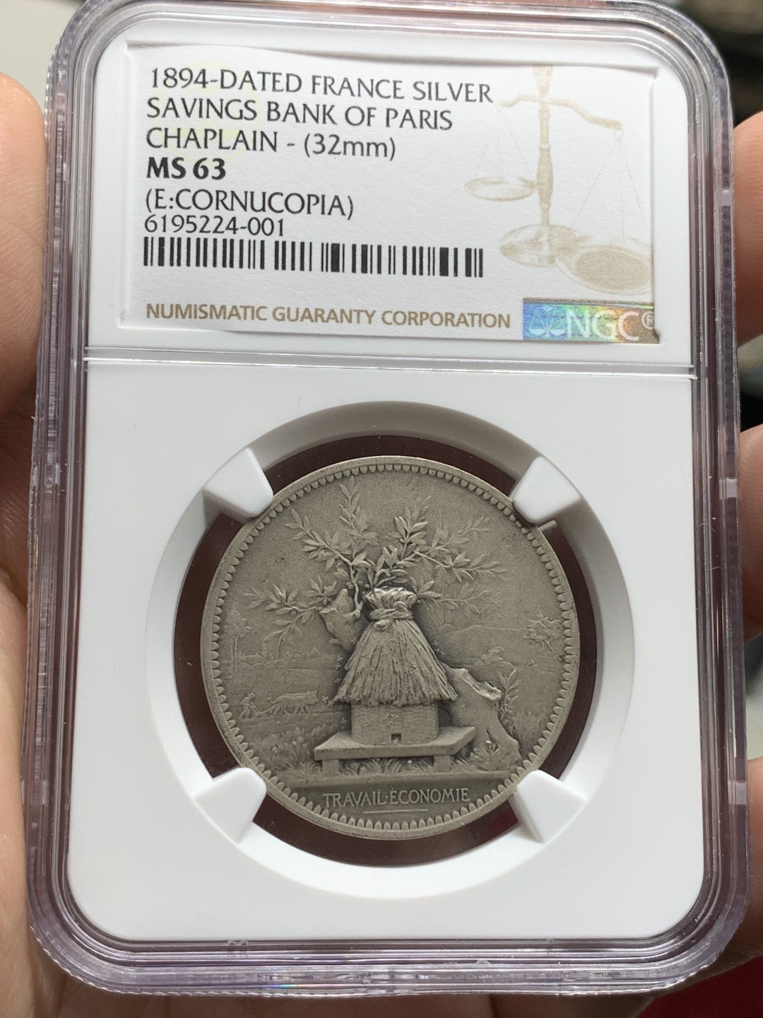 《竞宝斋》第66场-本周日，周一2场连拍（全场不限金额包邮） NGC MS63 1894年法国巴黎储蓄银行，法章大师夏普兰名作。细节状态到位 可收藏的品种