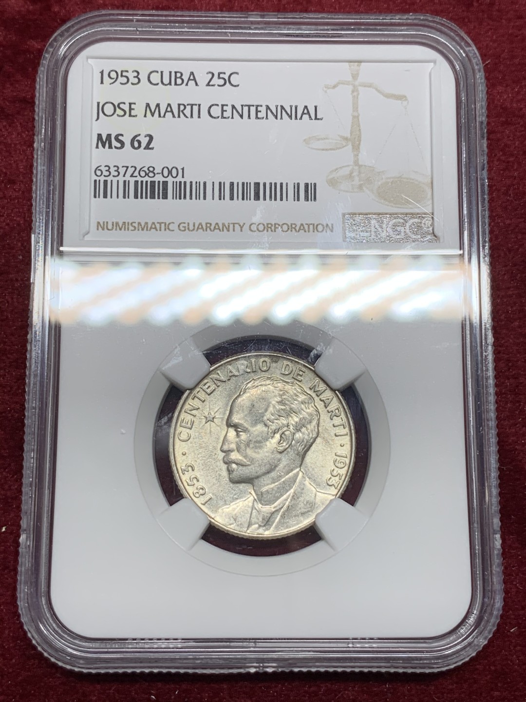 《竞宝斋》第66场-本周日，周一2场连拍（全场不限金额包邮） NGC-MS62 古巴 1953年 马丁 25分 银币 原光好品