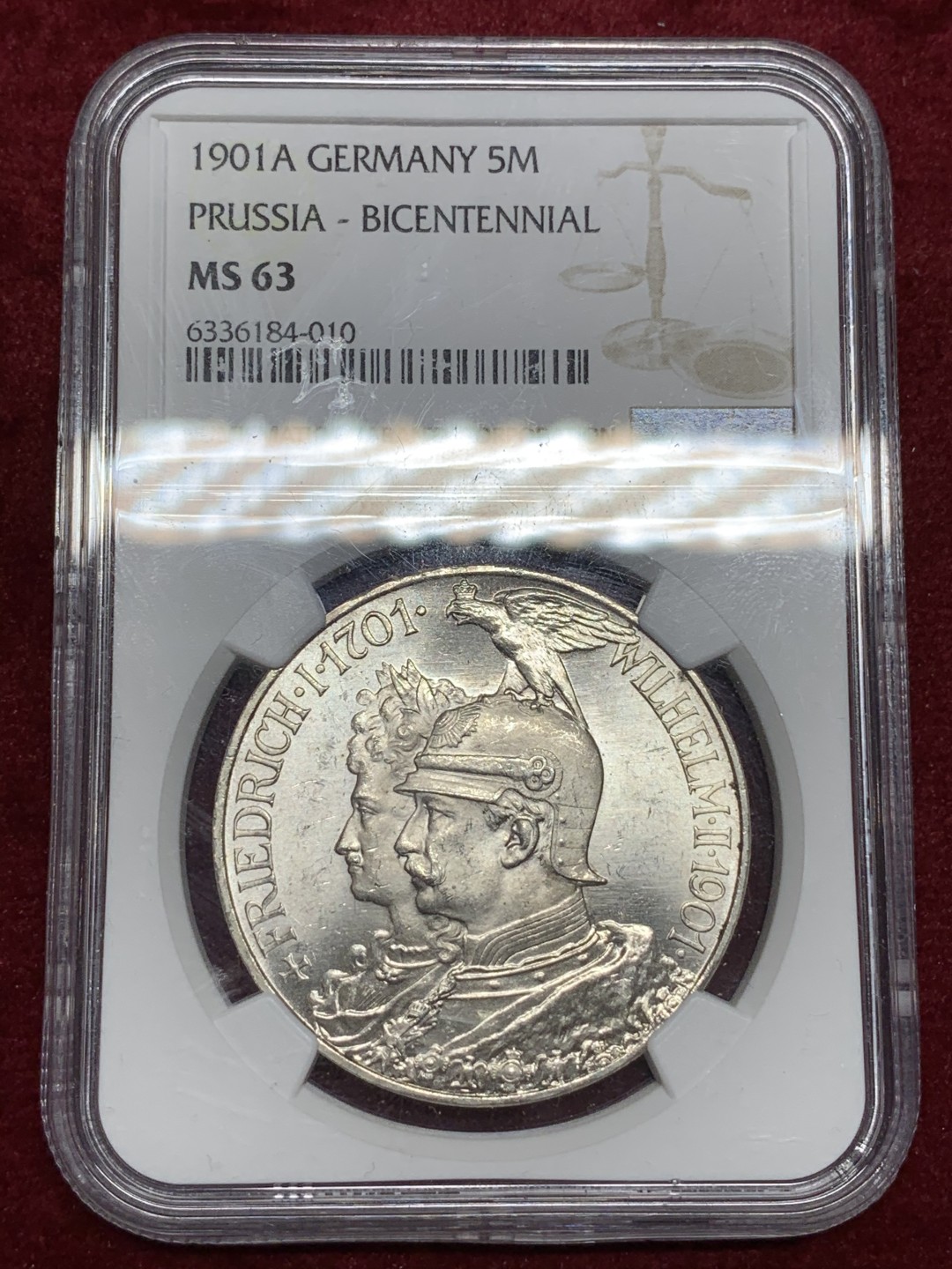 《竞宝斋》第66场-本周日，周一2场连拍（全场不限金额包邮） NGC MS63 德国1901年普鲁士建国200周年纪念5马克 顶级原光好品