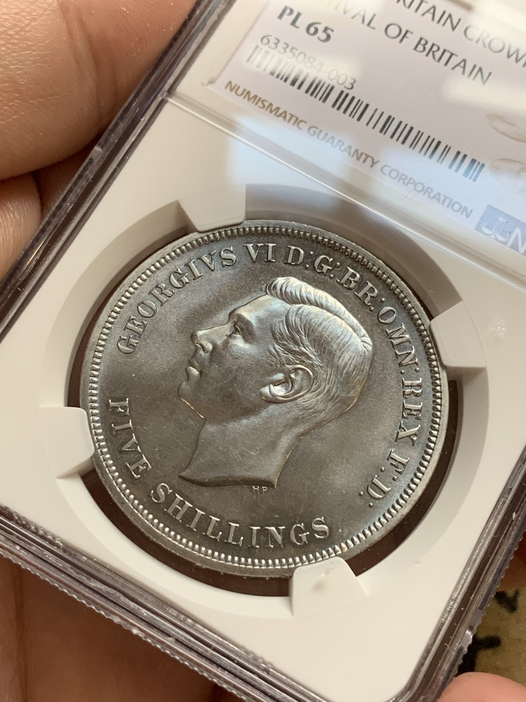 《竞宝斋》第66场-本周日，周一2场连拍（全场不限金额包邮） NGC PL65 英国1951年乔治六世一克朗镍马剑银币  上涨品种 21年12月同分外拍近200美元