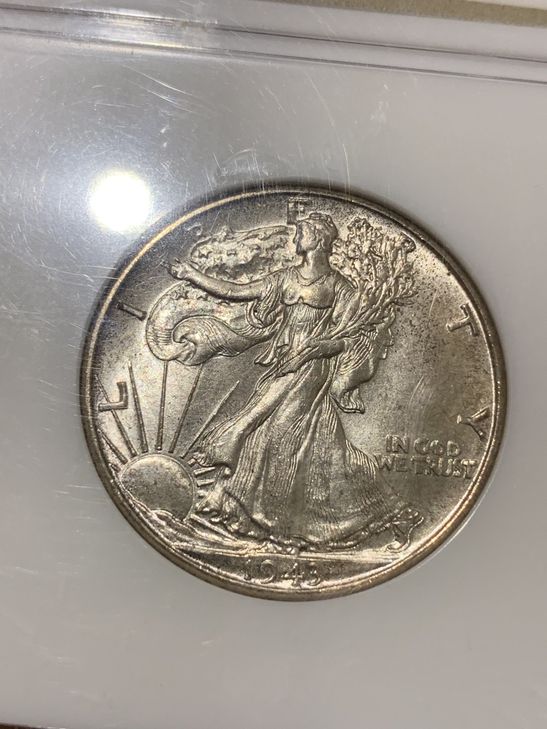 《竞宝斋》第66场-本周日，周一2场连拍（全场不限金额包邮） NGC MS64 美国 1943年 行走女神 50分 半美元 银币包浆不错 鹰的羽毛非常完整