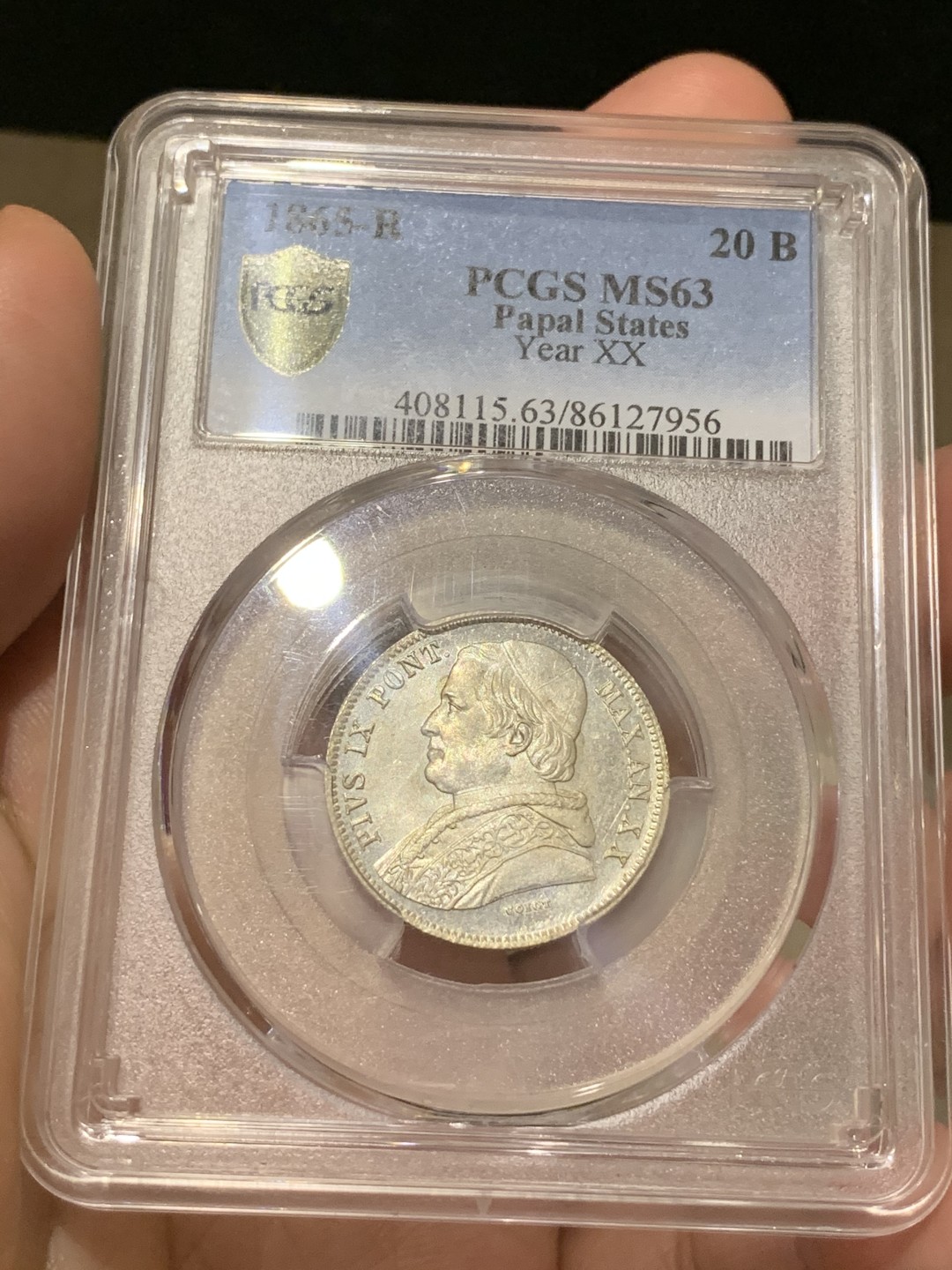 《竞宝斋》第66场-本周日，周一2场连拍（全场不限金额包邮） PCGS MS63 1865年教皇国 20贝尔科银币 k-1360a 两年版 少见版本 pl底板 实物状态极佳