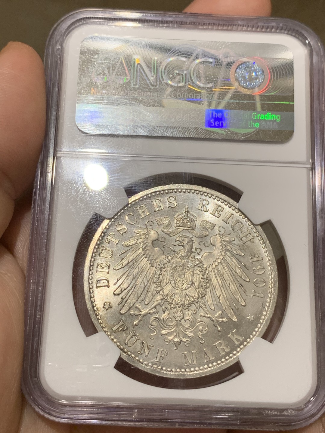 《竞宝斋》第66场-本周日，周一2场连拍（全场不限金额包邮） NGC MS63 德国1901年普鲁士建国200周年纪念5马克 顶级原光好品