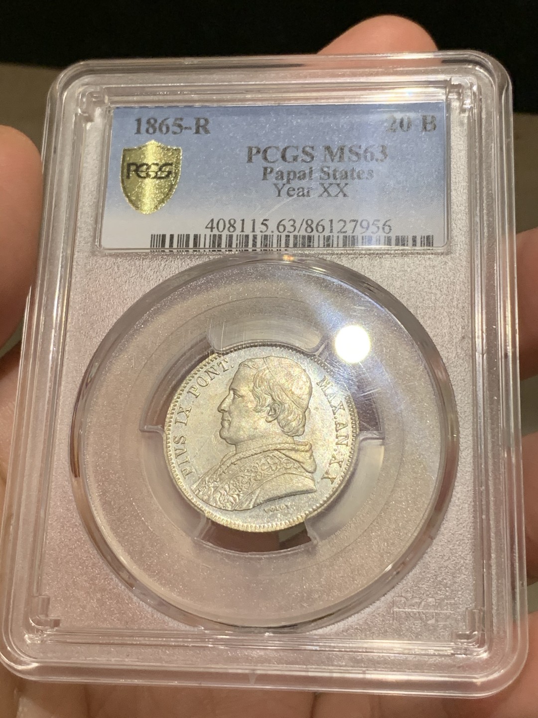 《竞宝斋》第66场-本周日，周一2场连拍（全场不限金额包邮） PCGS MS63 1865年教皇国 20贝尔科银币 k-1360a 两年版 少见版本 pl底板 实物状态极佳