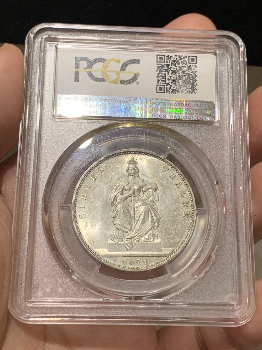 《竞宝斋》第66场-本周日，周一2场连拍（全场不限金额包邮） PCGS-ms63 德国 1871 普鲁士胜利泰勒银币，原光淡彩包浆