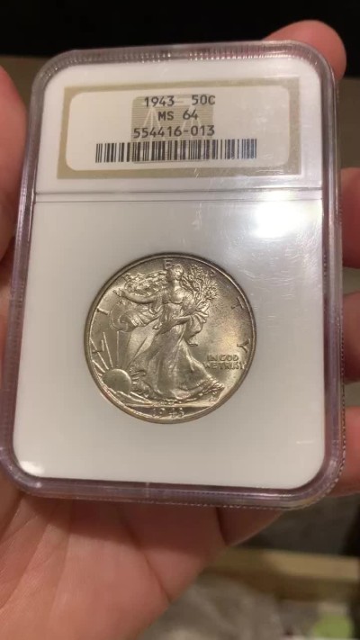 《竞宝斋》第66场-本周日，周一2场连拍（全场不限金额包邮） NGC MS64 美国 1943年 行走女神 50分 半美元 银币包浆不错 鹰的羽毛非常完整