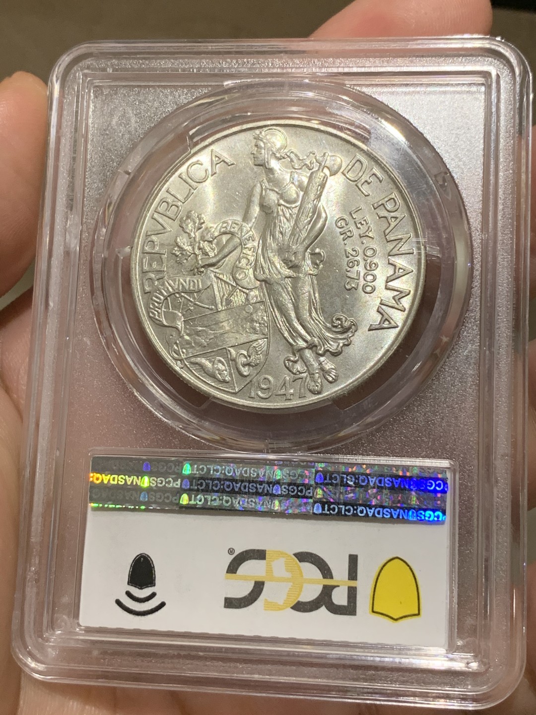 《竞宝斋》第66场-本周日，周一2场连拍（全场不限金额包邮） PCGS MS63 巴拿马 1947年巴波亚银元 女神系大主币 强车轮霜光 收官之年铸造量仅5万枚 外拍热门 这枚状态非常不错