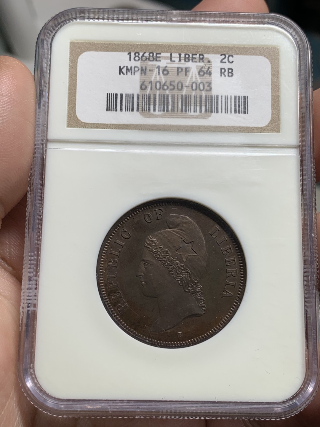 《竞宝斋》第66场-本周日，周一2场连拍（全场不限金额包邮） 亚军分 NGC-PF64 法属利比亚 1868E 2分 样币 老盒 银座21年11月不含手续费440刀