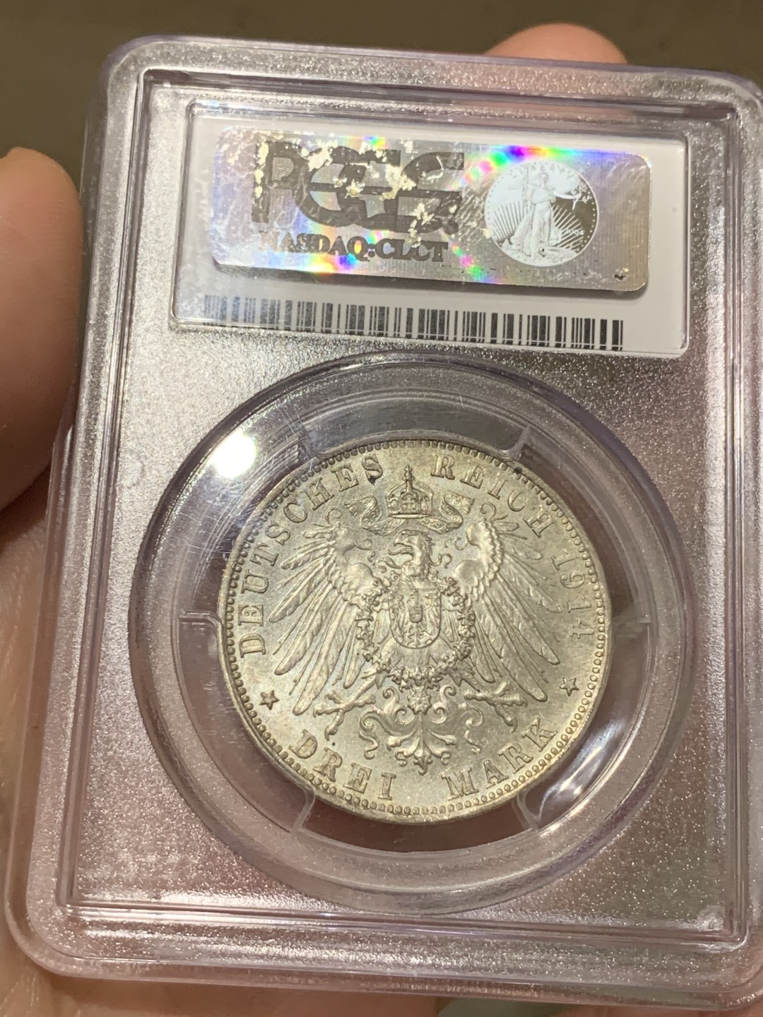 《竞宝斋》第66场-本周日，周一2场连拍（全场不限金额包邮） PCGS-MS63 德意志第二帝国 1914-D 巴伐利亚3马克 正面浮雕细腻 底板完好 盒子有磕碰