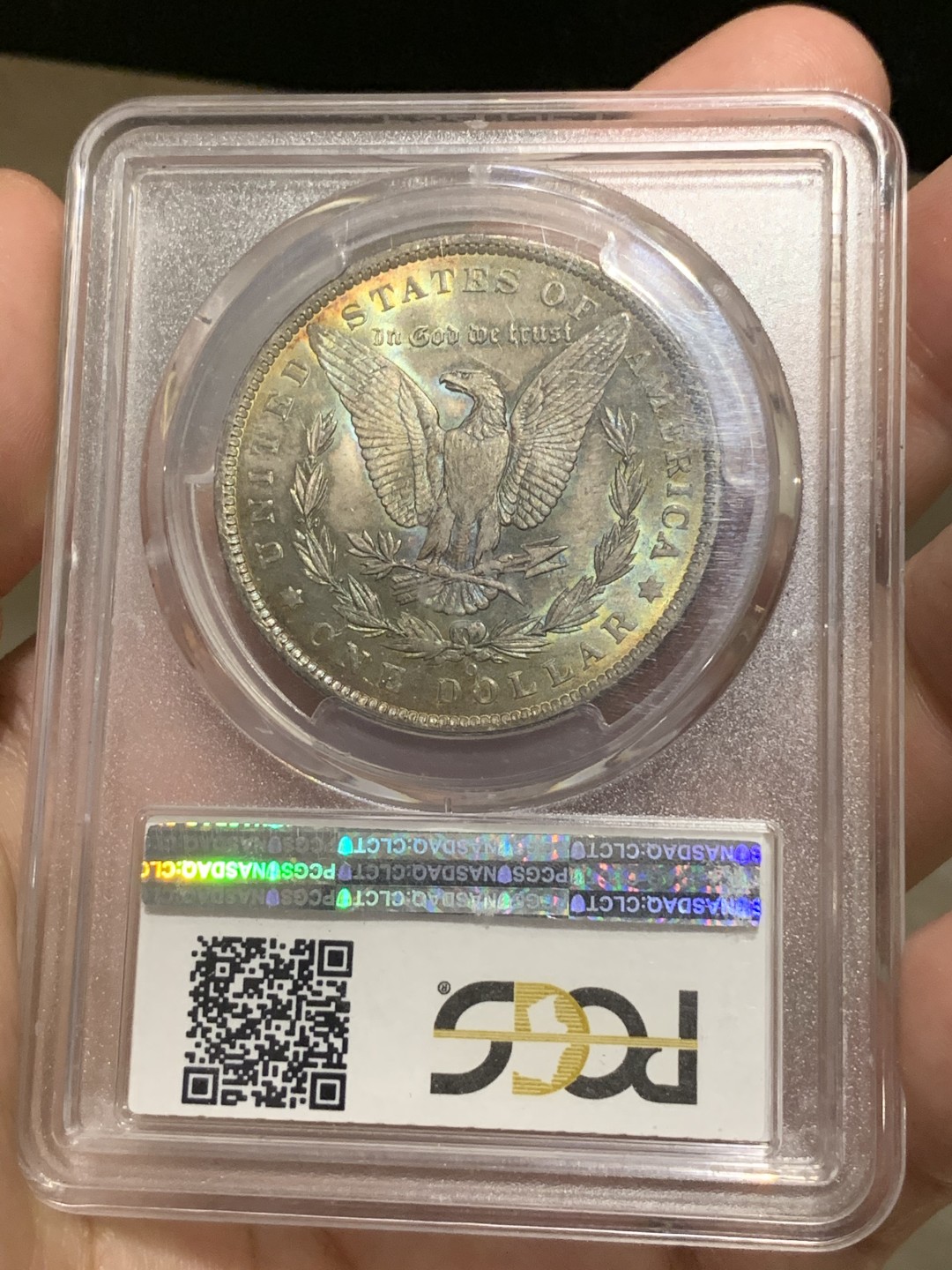《竞宝斋》第66场-本周日，周一2场连拍（全场不限金额包邮） PCGS MS65 美国1885 摩根五彩银币，双面五彩非常难得，老盒子严评