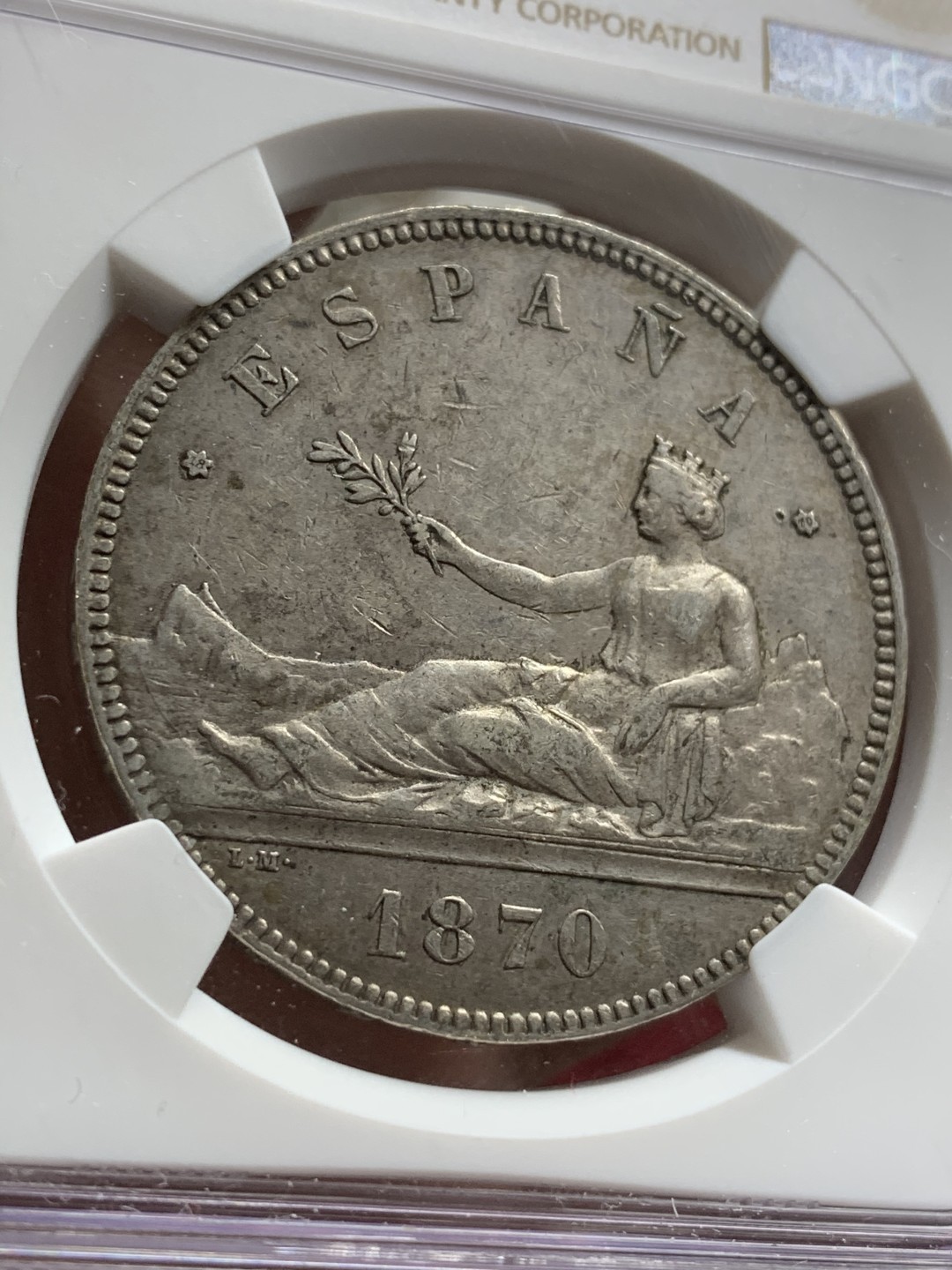 《竞宝斋》第66场-本周日，周一2场连拍（全场不限金额包邮） NGC-XF45 西班牙 1870年 坐人拿花 5比塞塔 双柱 大银币 原味好品 很舒服