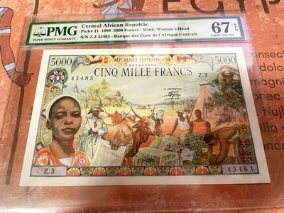 【Blue Auction】✨世界纸币精拍第195期【精】 - 中非共和国 1980年5000法郎 经典大烟斗 大票幅 非常漂亮 PMG67EPQ 高分
