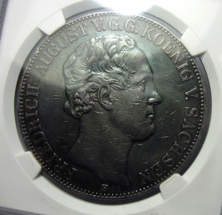 萨克森2泰勒银币1854F,腓特烈奥古斯特二世,公博评级XF45,老彩包浆