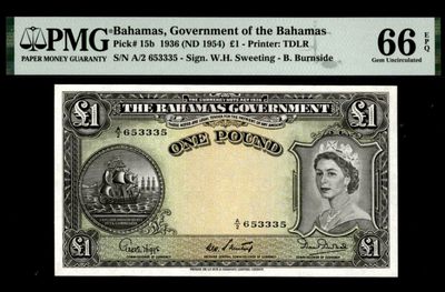 【Blue Auction】✨世界纸币精拍第195期【精】 - 【无47】巴哈马早期 1936年1镑 大冠女王 PMG66EPQ 少见品种