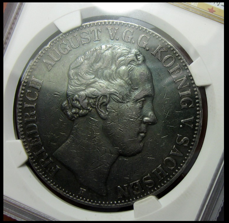 萨克森2泰勒银币1854F,腓特烈奥古斯特二世,公博评级XF45,老彩包浆