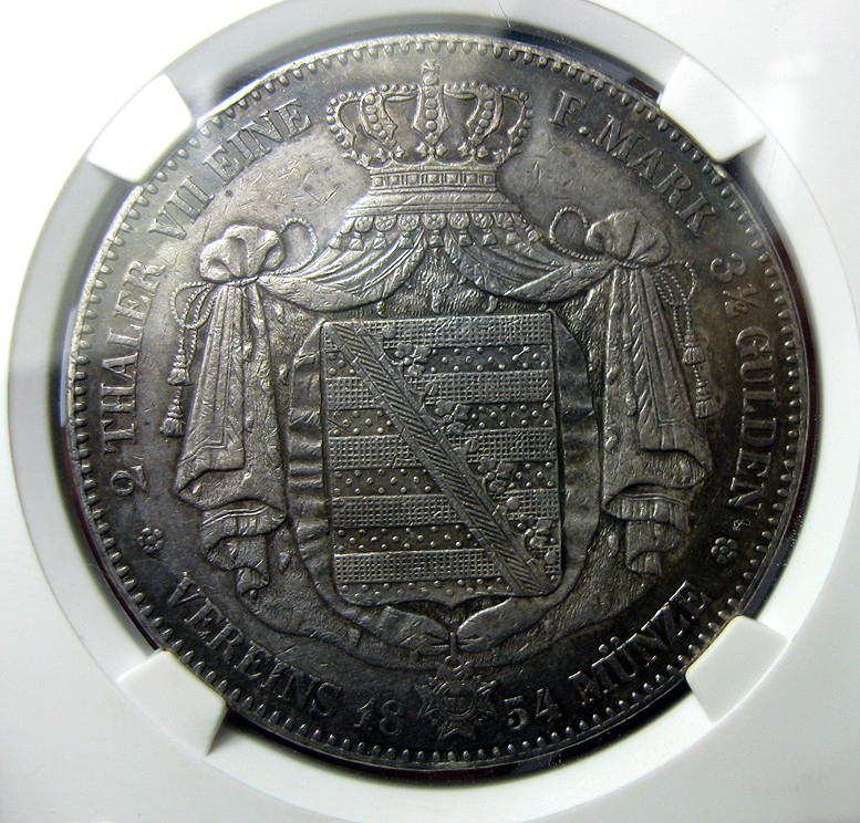 萨克森2泰勒银币1854F,腓特烈奥古斯特二世,公博评级XF45,老彩包浆