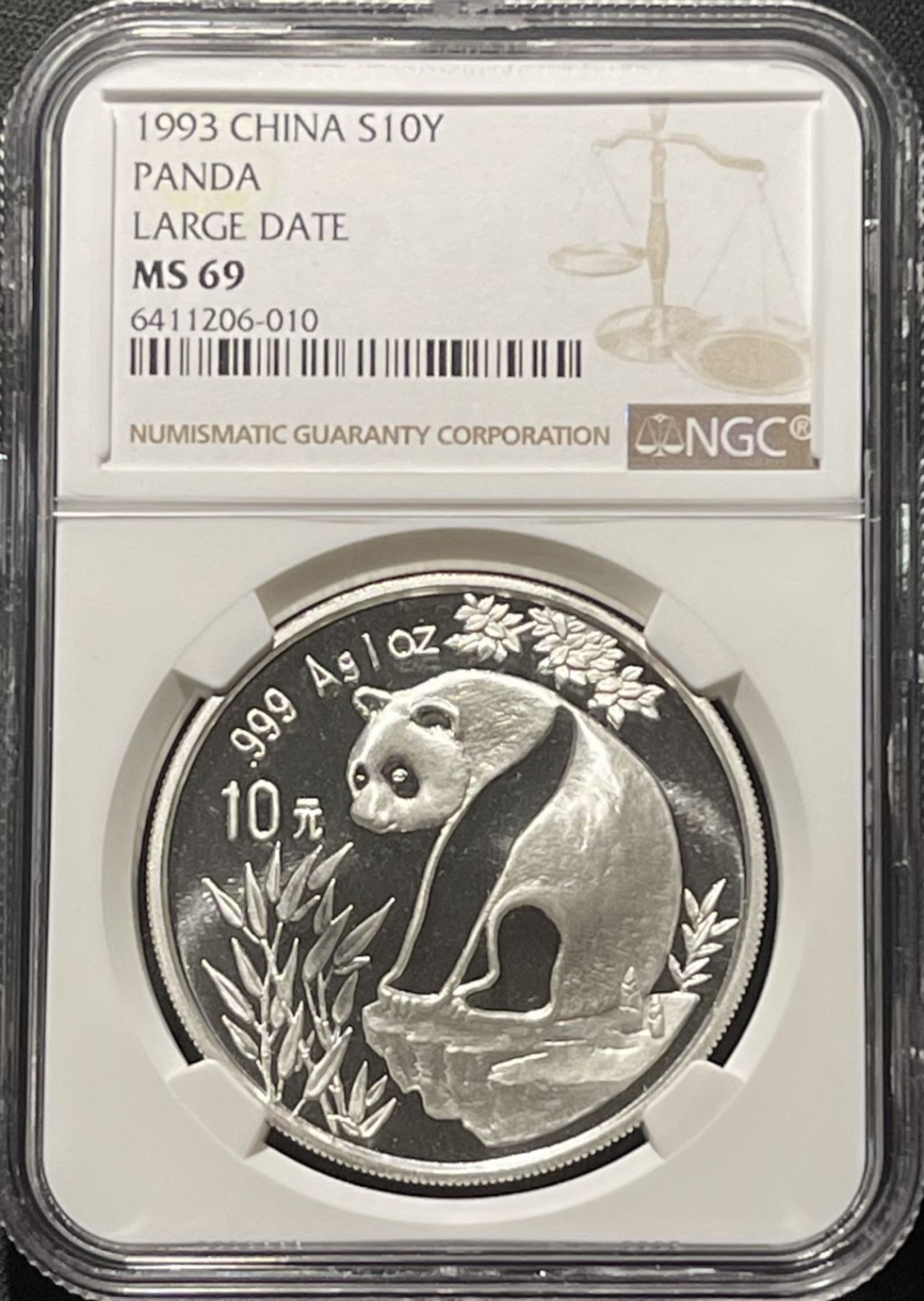 紫瑗钱币——第196期拍卖 中国 1993年 熊猫 1盎司 10元 银币 大字版 NGC MS69