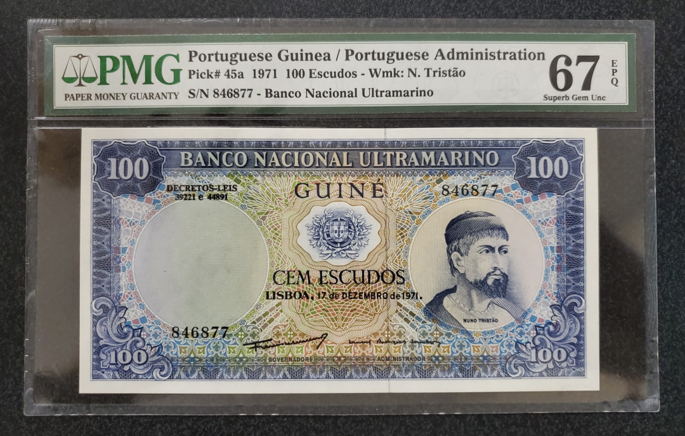 Chase Auction 第14期 - - 中外钱币、纪念钞、民国钞联拍（增加若干拍品） 1971年葡属几内亚100埃斯库多，PMG67分！