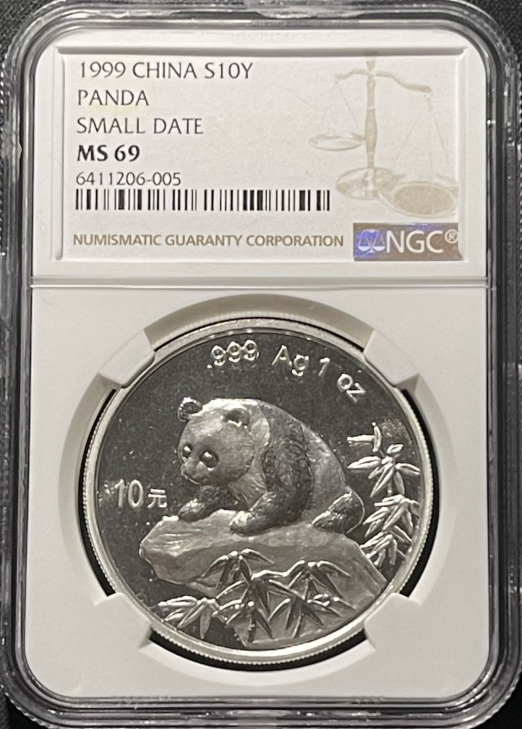 紫瑗钱币——第196期拍卖 中国 1999年 熊猫 1盎司 10元 银币 小字版 NGC MS69