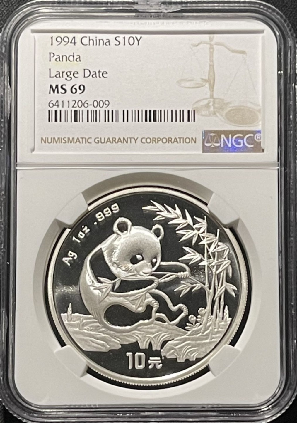紫瑗钱币——第196期拍卖 中国 1994年 熊猫 1盎司 10元 银币 大字版 NGC MS69