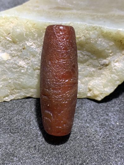 精美酒红色高玉化仿古风化纹玛瑙桶珠一颗  - 精美酒红色高玉化仿古风化纹玛瑙桶珠一颗 