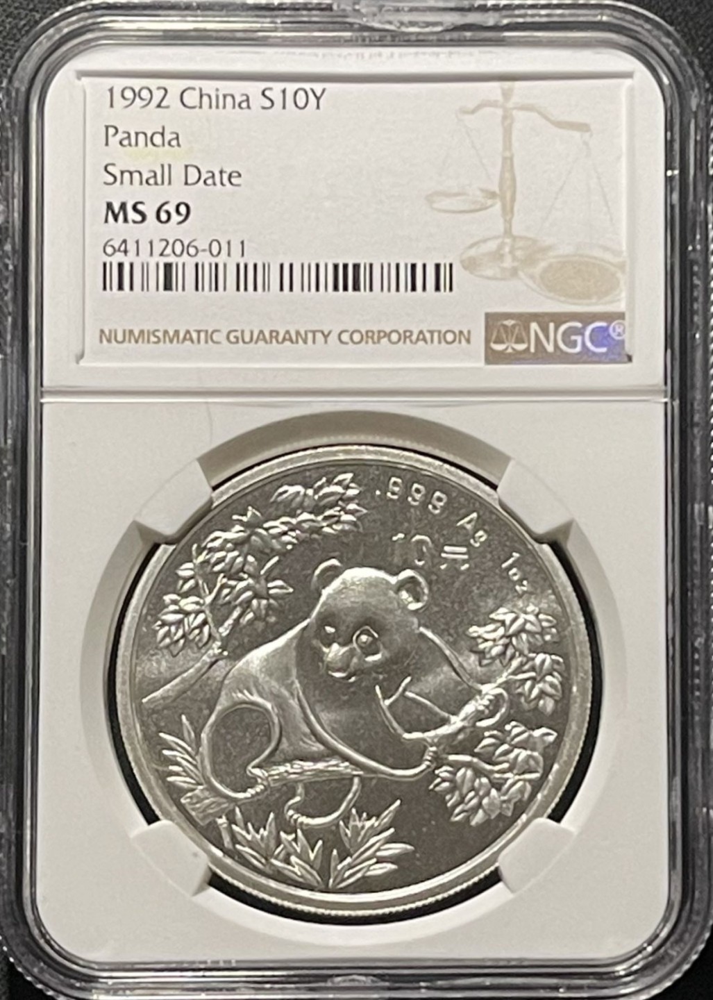 紫瑗钱币——第196期拍卖 中国 1992年 熊猫 1盎司 10元 银币 小字版 NGC MS69