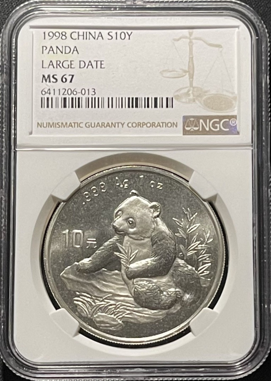 紫瑗钱币——第196期拍卖 中国 1998年 熊猫 1盎司 10元 银币 大字版 NGC MS67