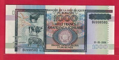 布隆迪1000法郎 2006年 无47 好号码 非洲纸币 实物图 UNC - 布隆迪1000法郎 2006年 无47 好号码 非洲纸币 实物图 UNC