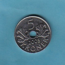 挪威2008年5克朗 带孔 实物图 UNC       - 挪威2008年5克朗 带孔 实物图 UNC      