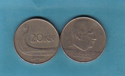 挪威2000年20克朗 背船 实物图 