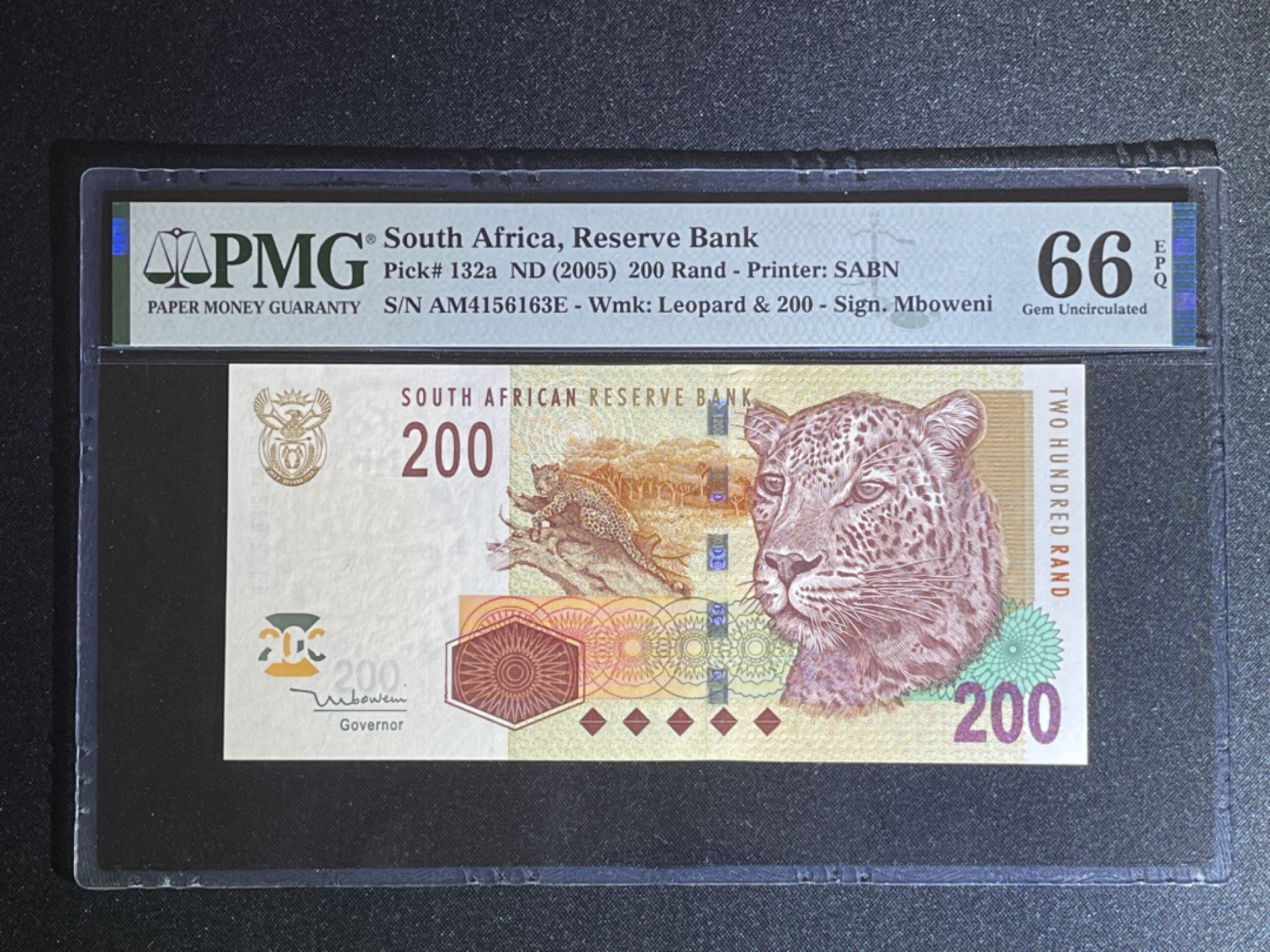《张总收藏》62期——外币大咖 南非200兰特 PMG66E 2005年 非洲豹子 P-132a