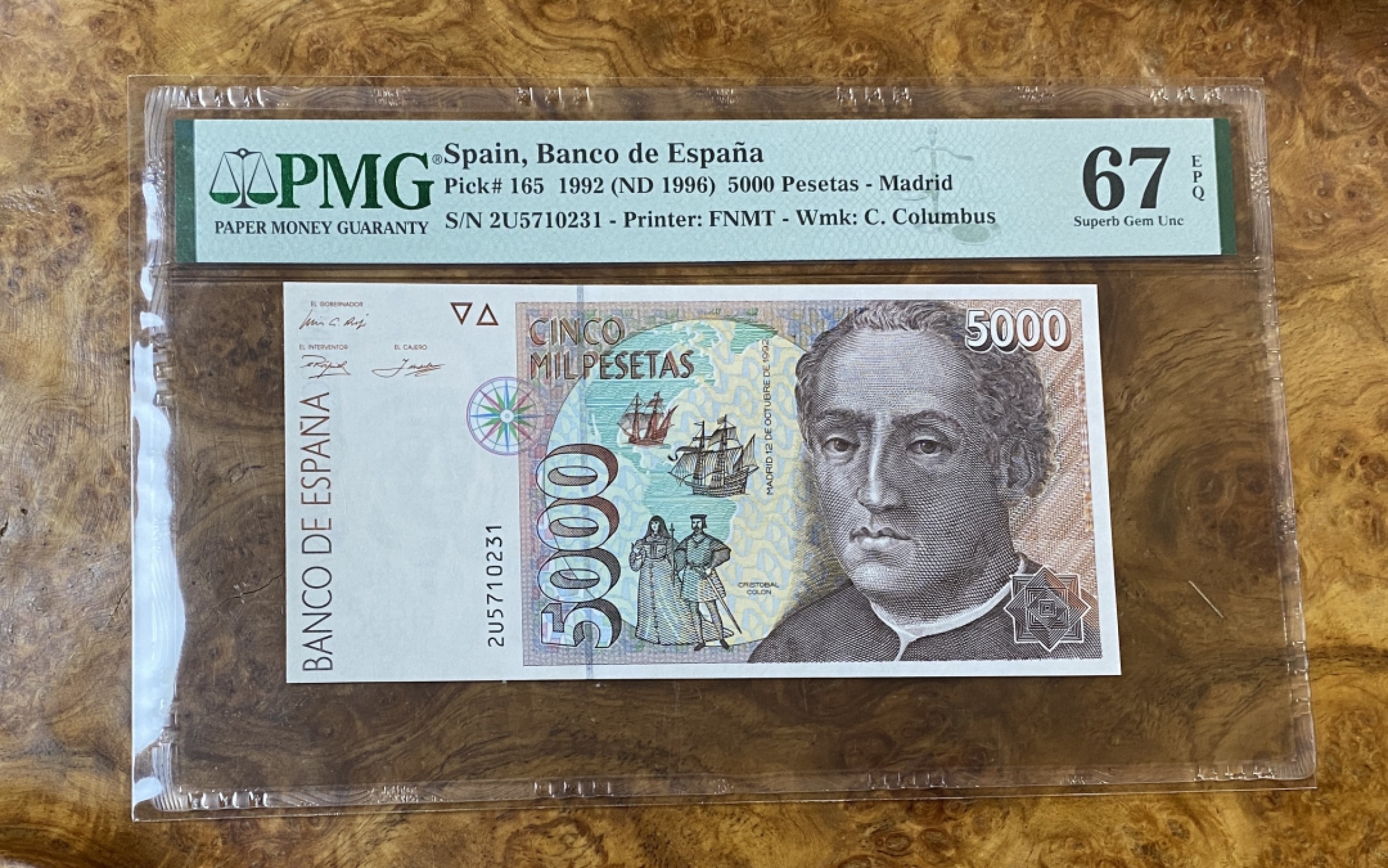 Chase Auction 第14期 - - 中外钱币、纪念钞、民国钞联拍（增加若干拍品） 1992年西班牙5000比塞塔，PMG67分！