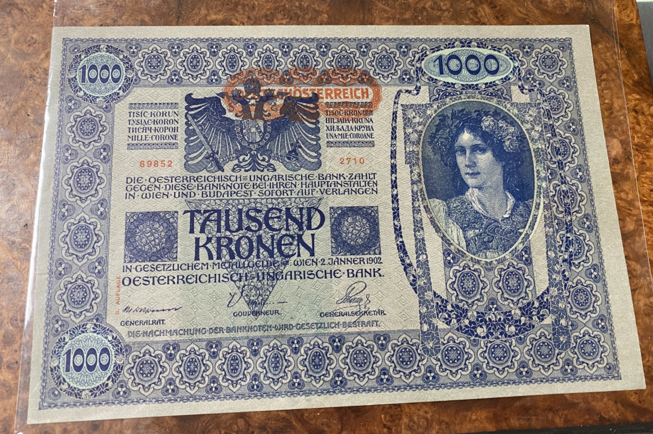 Chase Auction 第14期 - - 中外钱币、纪念钞、民国钞联拍（增加若干拍品） 1902年奥地利1000先令一张，AU品相如图！非雕刻版！