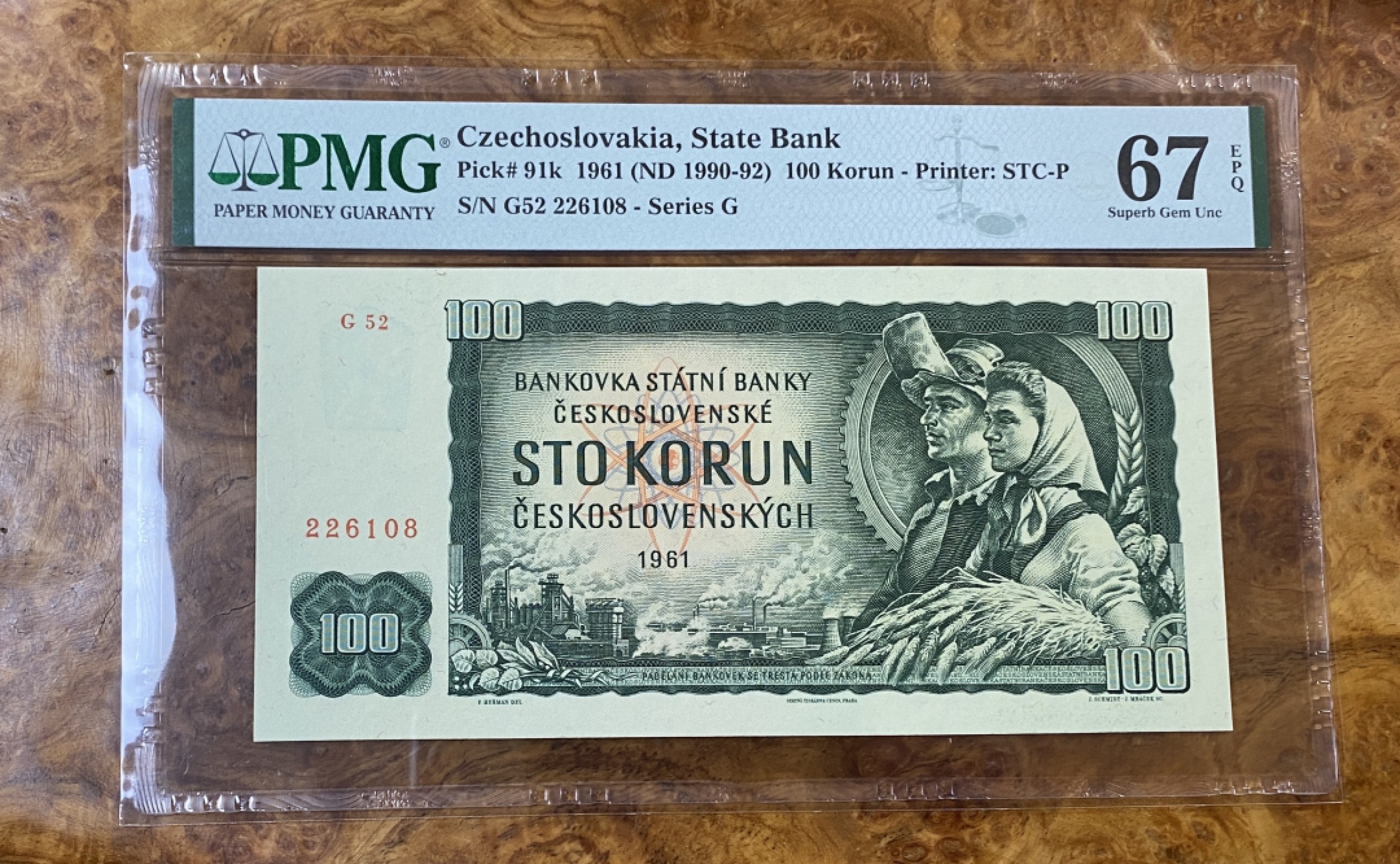 Chase Auction 第14期 - - 中外钱币、纪念钞、民国钞联拍（增加若干拍品） 1961年捷克斯洛伐克100克朗，PMG67分，冠军分，凸凹强，图案精美！