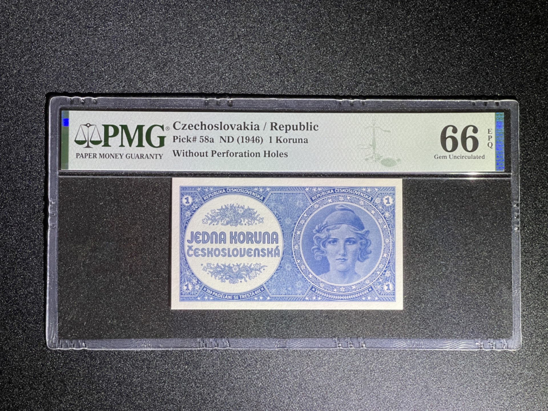 《张总收藏》62期——外币大咖 捷克斯洛伐克1克朗 PMG66E 1946年 无盖戳无针孔实钞 稀少版本 P-58a