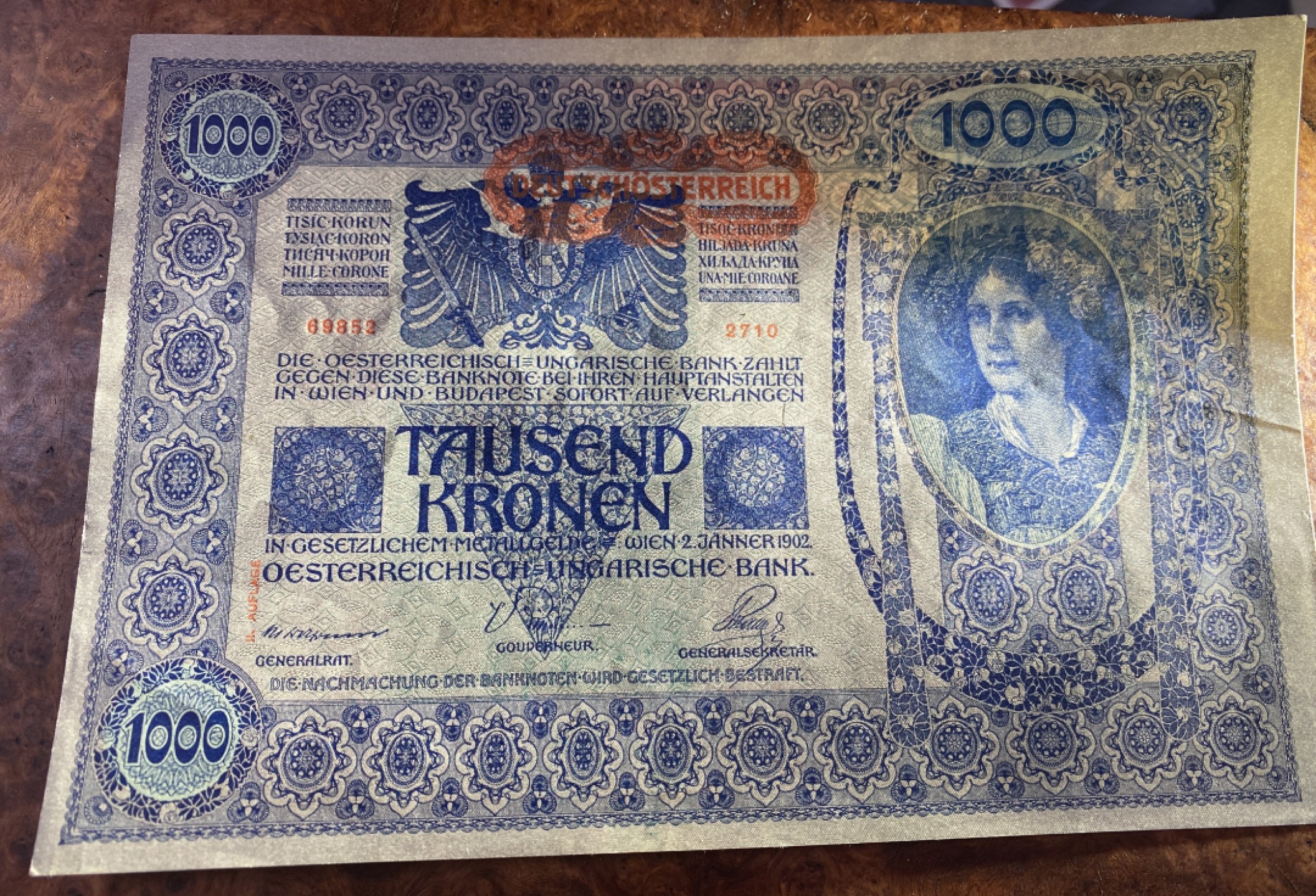 Chase Auction 第14期 - - 中外钱币、纪念钞、民国钞联拍（增加若干拍品） 1902年奥地利1000先令一张，AU品相如图！非雕刻版！