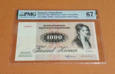 【Blue Auction】✨世界纸币精拍第196期【精】 - 丹麦 1986年 1000克朗 经典大松鼠 PMG67EPQ 高分