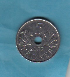 挪威2002年5克朗 带孔 实物图     