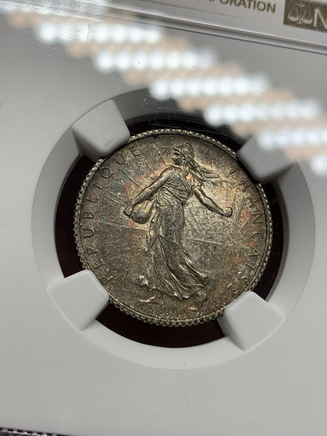 《竞宝斋》第67场-本周日，周一，周四.3场连拍（全场不限金额包邮） （3枚一起）NGC MS61,AU58,XF45分各一枚 法国 早期 1法郎 银币 早期老包浆 状态很不错