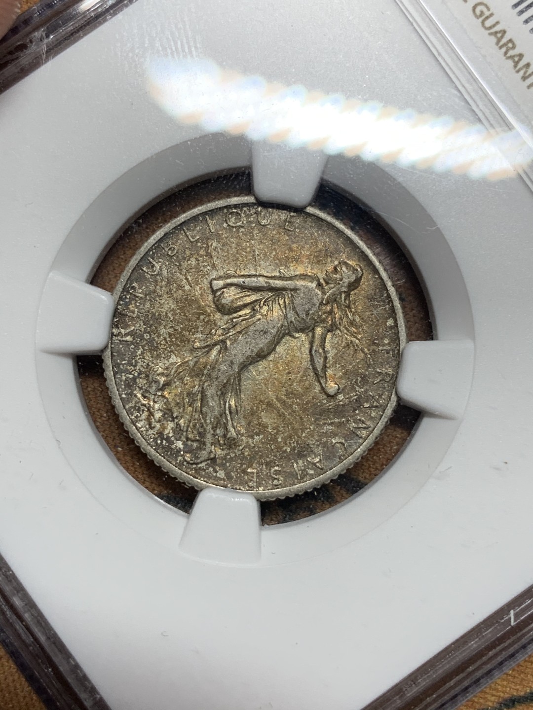 《竞宝斋》第67场-本周日，周一，周四.3场连拍（全场不限金额包邮） （3枚一起）NGC MS61,AU58,XF45分各一枚 法国 早期 1法郎 银币 早期老包浆 状态很不错