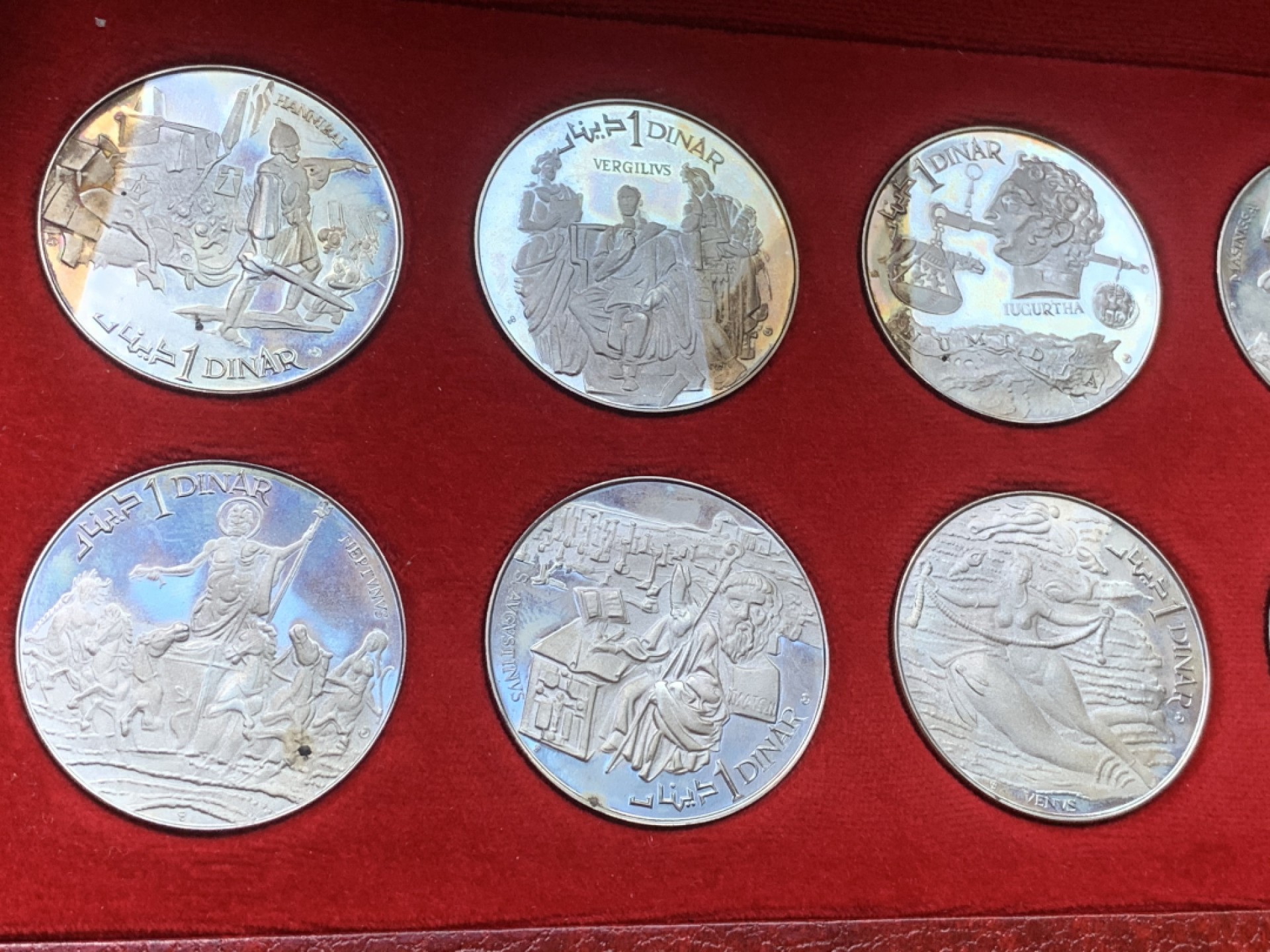 《竞宝斋》第67场-本周日，周一，周四.3场连拍（全场不限金额包邮） 稀少 突尼斯 1969 古代文明系列 1第纳尔 精制银币套装 单枚重20克925银 40直径，整套200克 保存的非常好